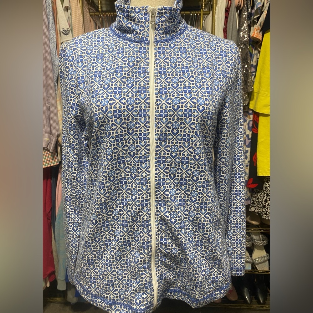 Talbots Blue and White Full Zip Jacket with Geometric Print